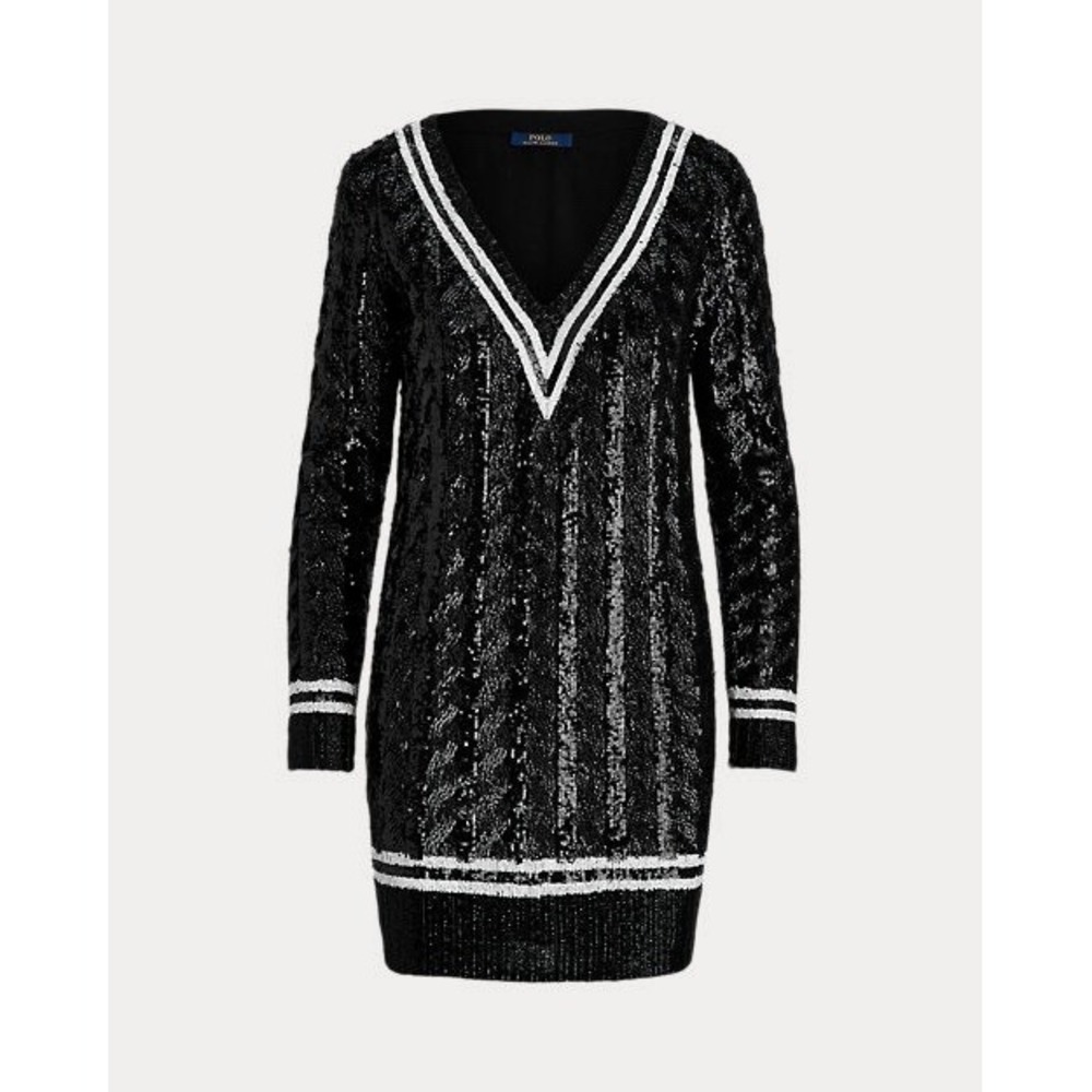 $998 Polo Ralph Lauren Sequin V-Neck Varsity Cricket Jumper Dress Black & White